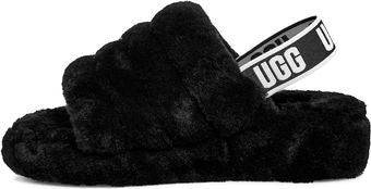 Black fuzzy sandal with a thick upper strap featuring a white logo band.