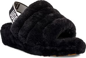 Black furry sandal with a gray elastic heel strap that says UGG in white.