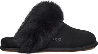 Black suede slipper with dark fur trim and "UGG" logo.