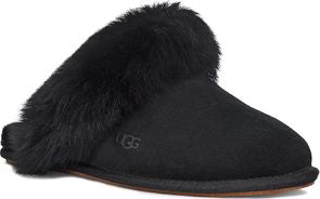 Black slipper with fur trim.