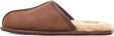 A brown, leather, slip-on slipper with a tan wool lining.