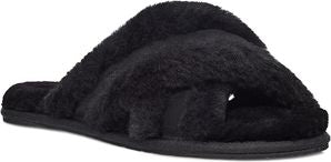 Black fuzzy criss-cross slipper.