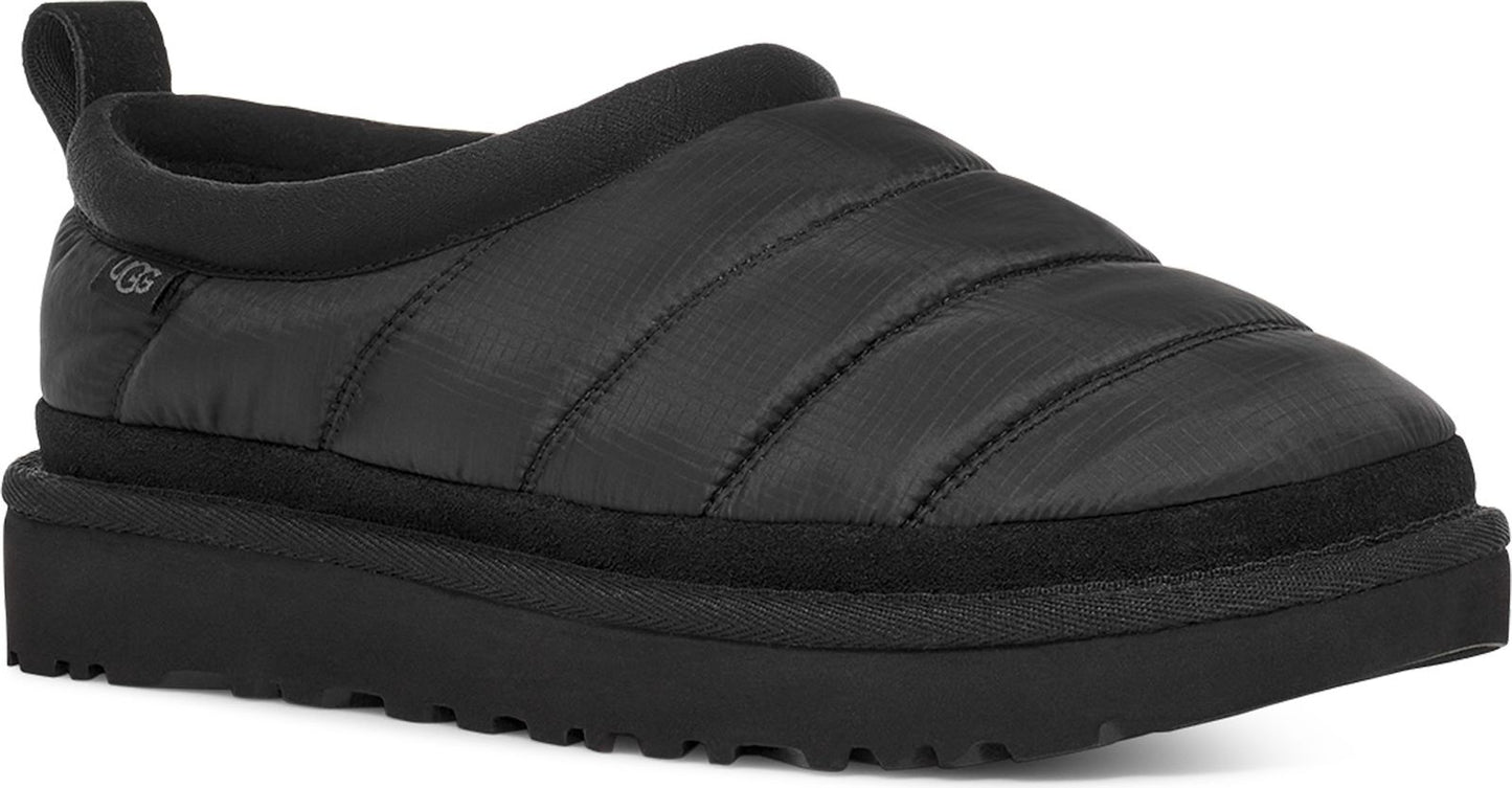Black quilted platform slipper with a pull tab.