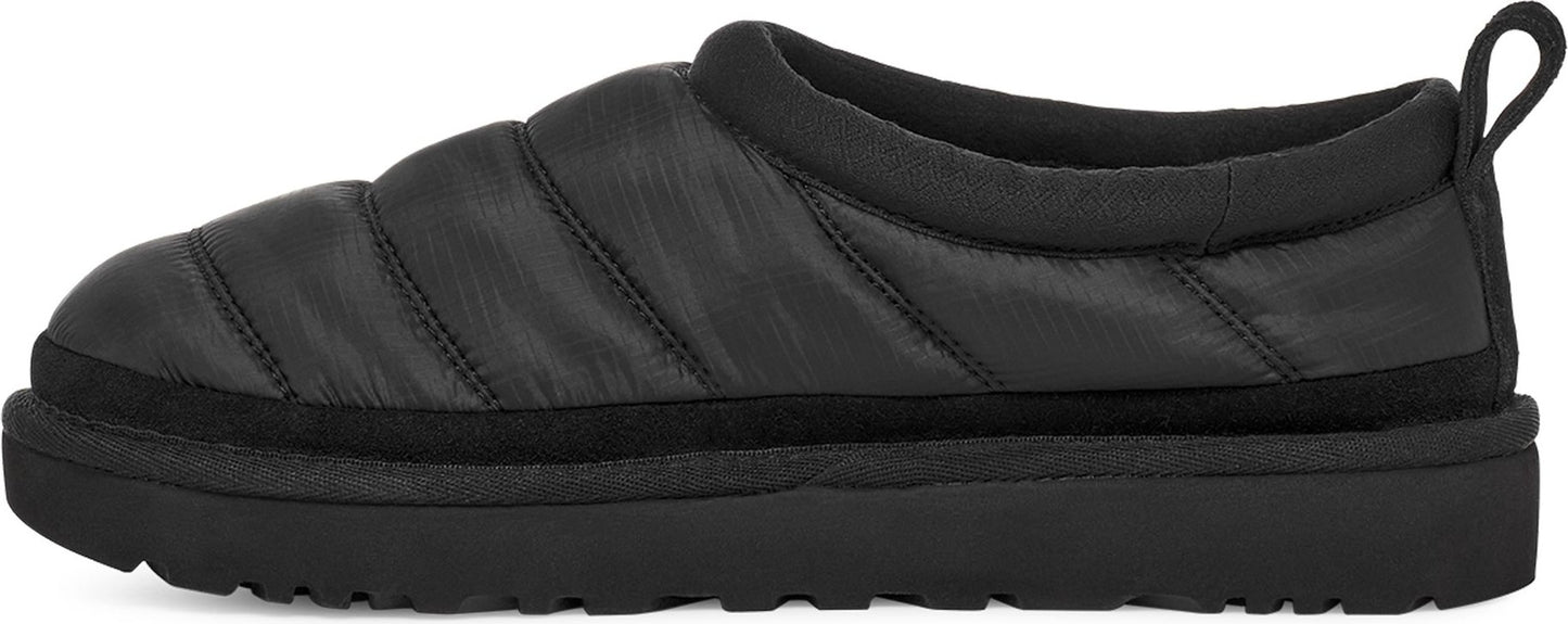 A black puffer-style slipper with a black sole and a loop on the back.