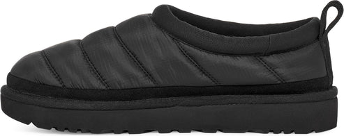 A black puffer-style slipper with a black sole and a loop on the back.