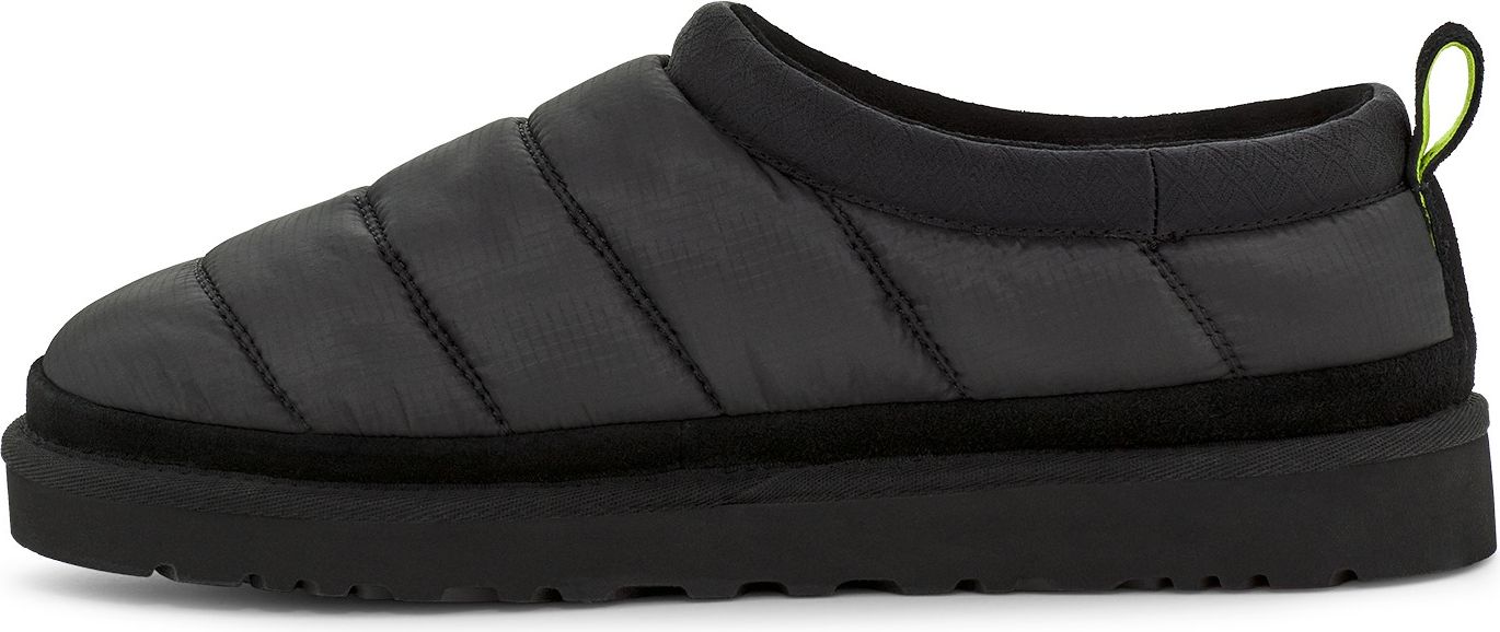 A charcoal grey puffy slipper with a black sole and trim.