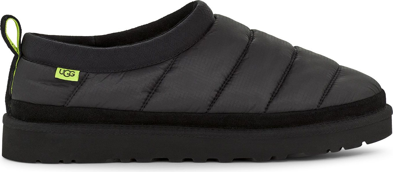 Black puffy slipper with a platform sole and a yellow loop.