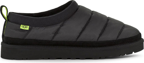 Black puffy slipper with a platform sole and a yellow loop.