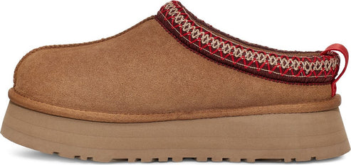 brown clog-style shoe with red and white accents