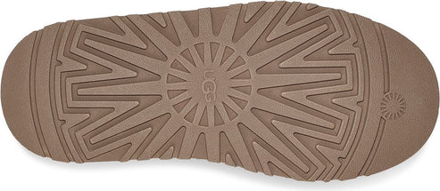 The brown sole of footwear features a textured, patterned design with radiating zigzags emanating from a central circle containing a visible 'UGG' logo.